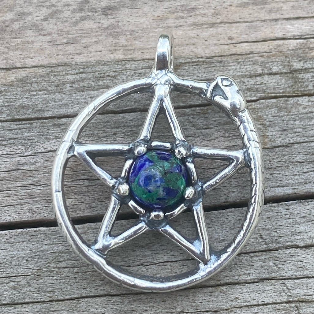 Snake Pentacle Pendant .925 Sterling Silver W/ Genuine Azurite Gem Serpent Usa